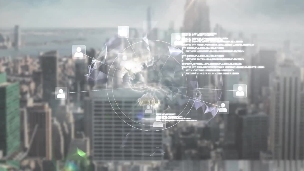 도시 풍경 위의 데이터 처리와 함께 지구의 애니메이션