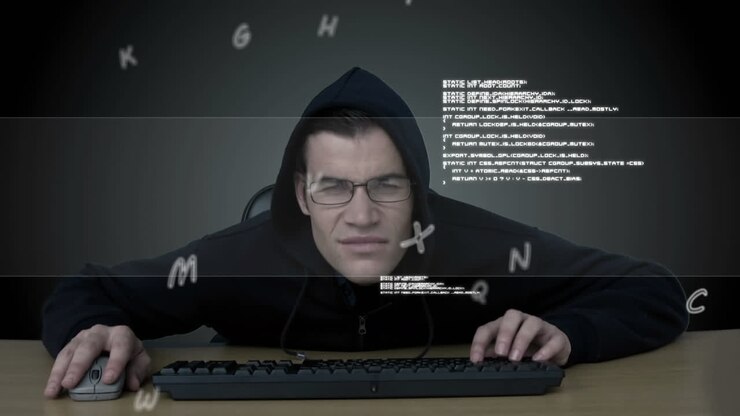 Animation of data processing over caucasian hacker using computer