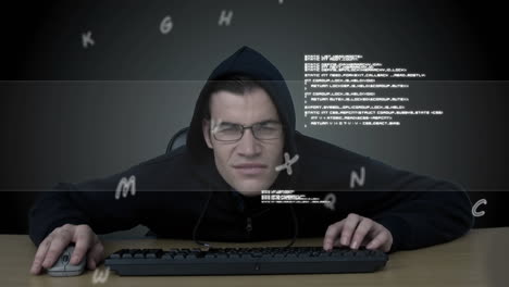 animation of data processing over caucasian hacker using computer