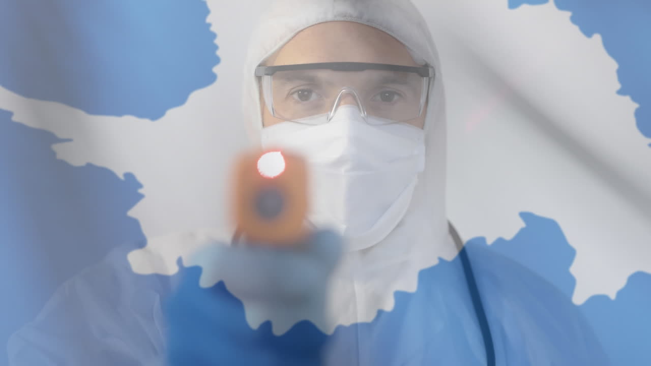 антарктида машет против мужчины-учёного с температурным пистолетом