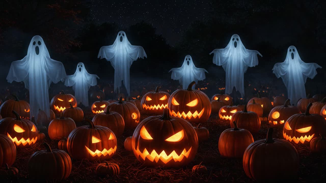 A Spooktacular Halloween Scene Featuring Eerie Ghostly Apparitions Surrounded by Glowing Jack-o'-Lanterns in a Hauntingly Atmospheric Night Setting