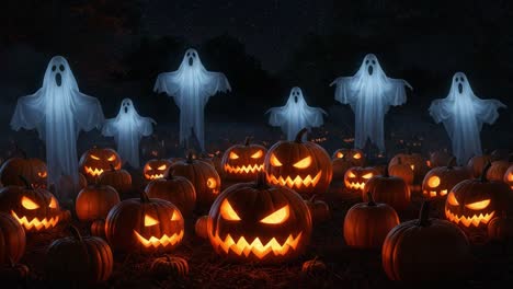 a spooktacular halloween scene featuring eerie ghostly apparitions surrounded by glowing jack-o'-lanterns in a hauntingly atmospheric night setting