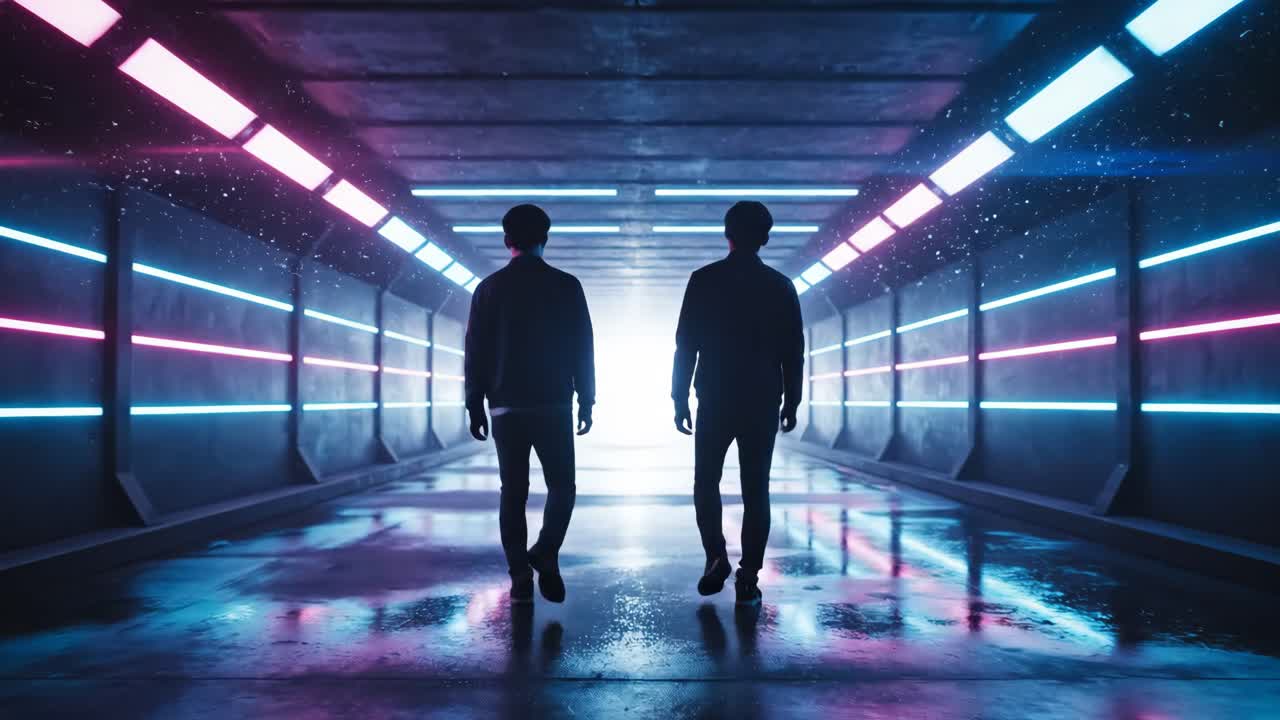 Two men walking in a neon-lit tunnel