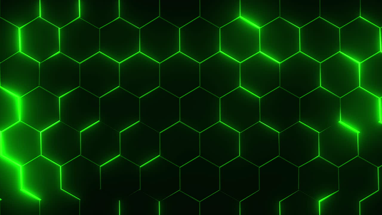 Futuristic surface of dark hexagons with neon green glow. Technological background with patterns. Looped seamless animation.