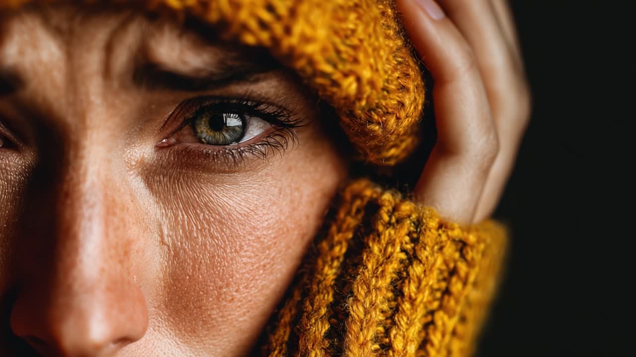 Intense Emotion Captured: A Close-Up of a Woman's Expression in a Cozy Yellow Knit Beanie, Highlighting the Intricate Details of Her Eyes and Skin Texture