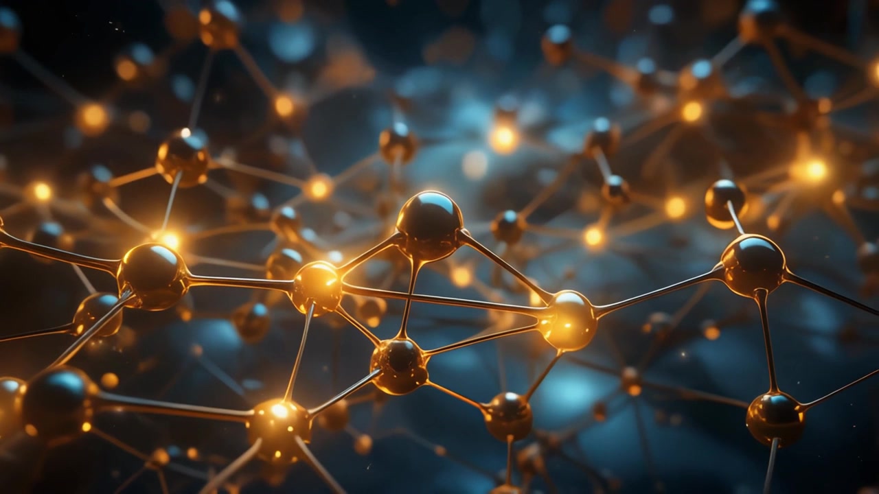 Rete 3D astratta di sfere dorate luminose e linee di connessione