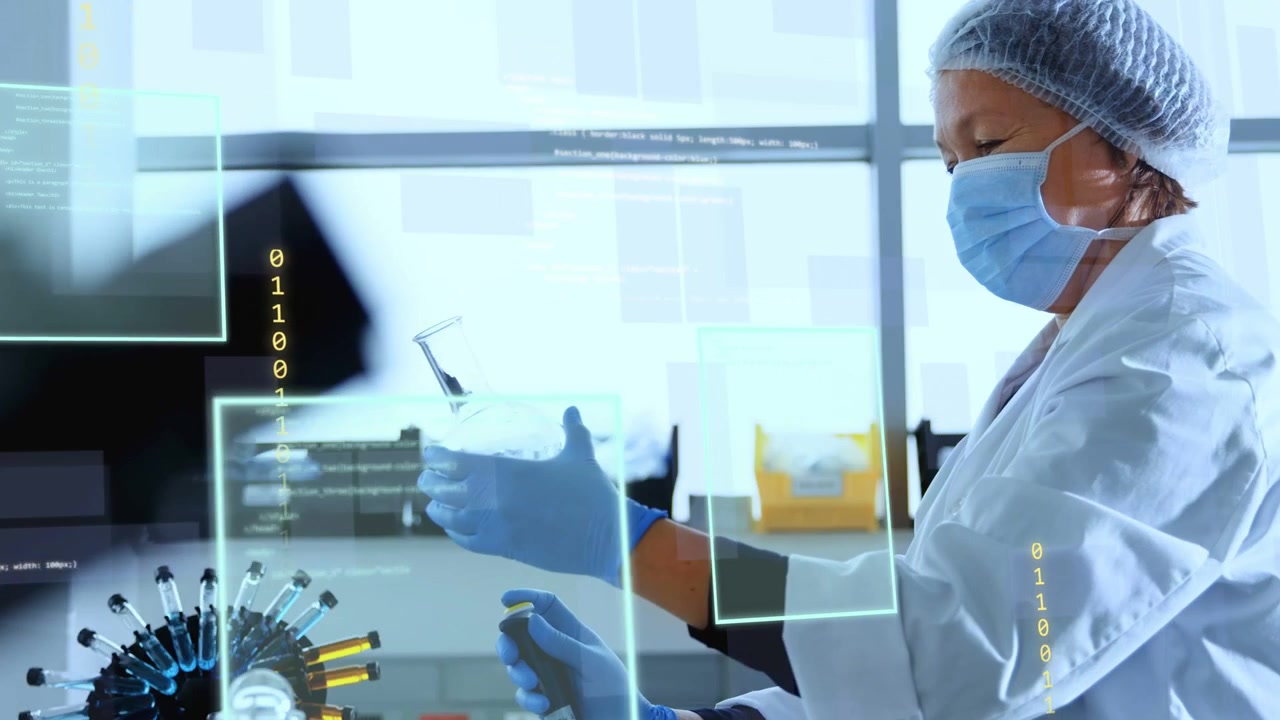 Lab technician grasping flask, aligning vial in lab, activating HUD tracking motion for analysis