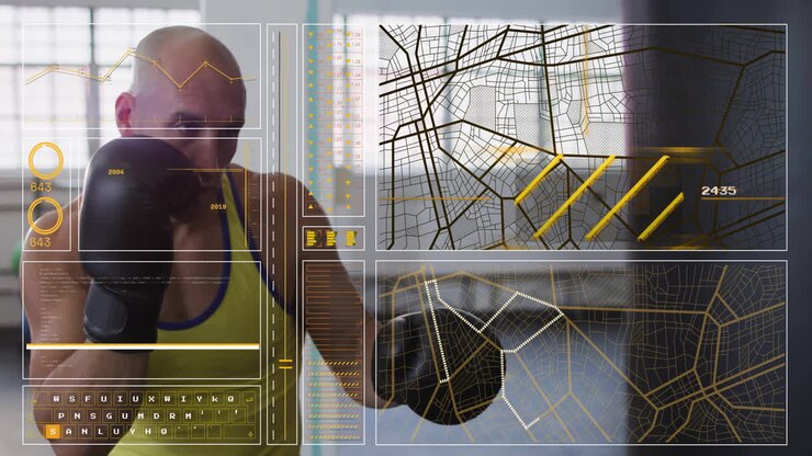 Allenamento con sovrimpressione di dati futuristici, pugile che si allena in un ambiente di palestra moderno.