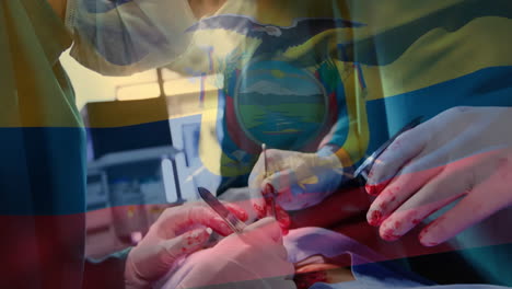 animation of flag of ecuador over diverse surgeons during surgery