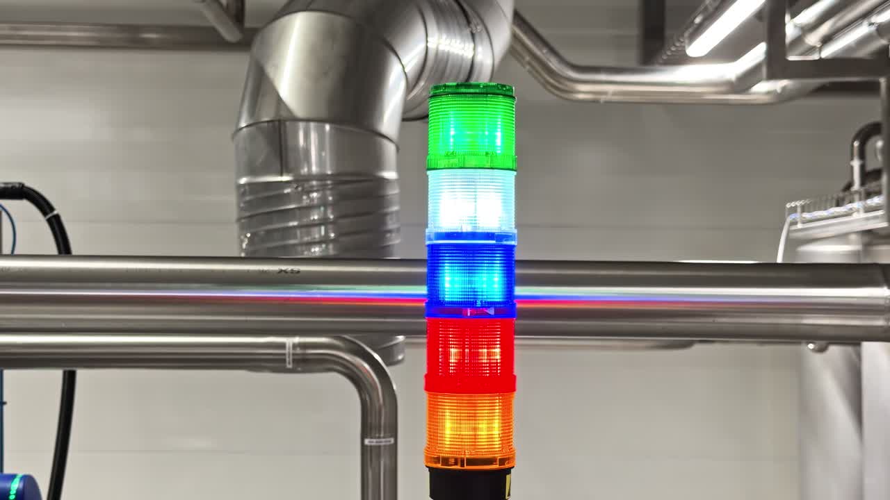 Industrial signal light column with colored indicators mounted in modern factory interior, flashing green white blue red orange