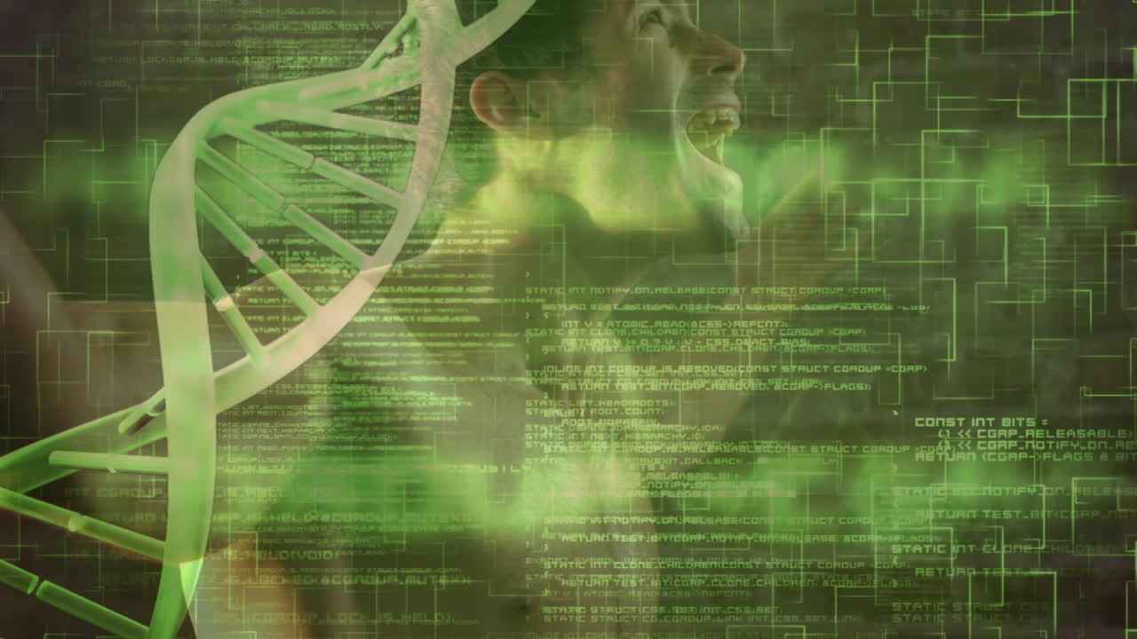 Medical data processing against caucasian fit man flexing his muscles at the gym