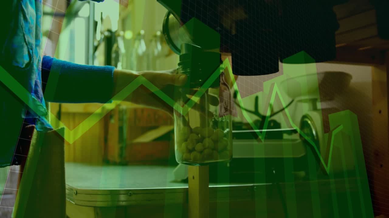 Man turning dispenser crank at kitchen bench, green overlays tracking jar filling for storage