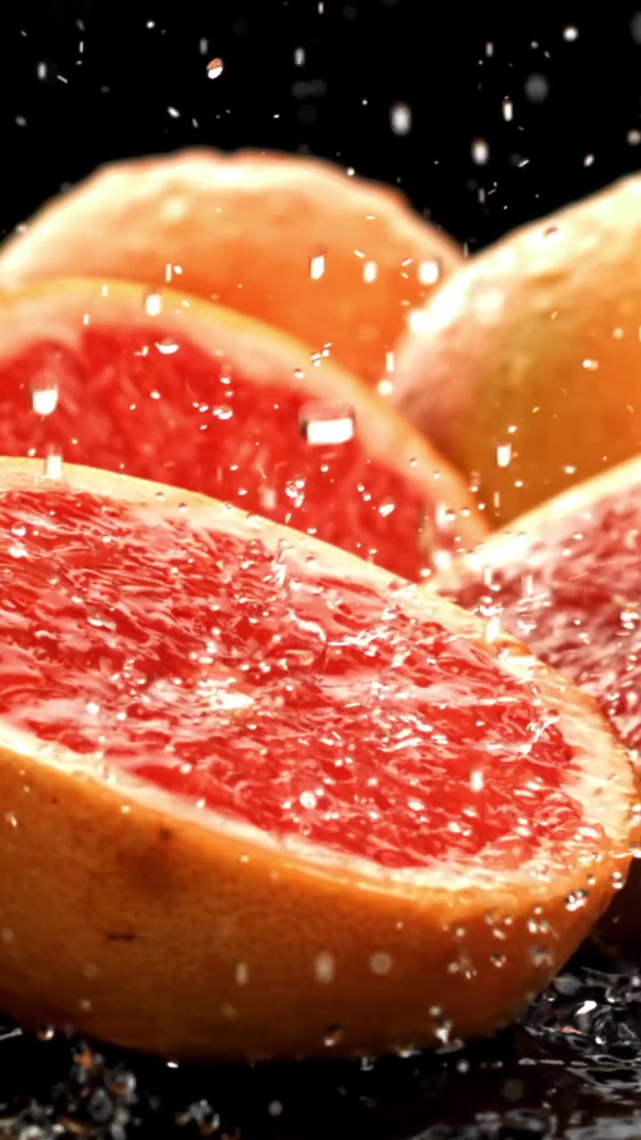 Sakte film av vanndråper som spruter på fersk rød grapefrukt