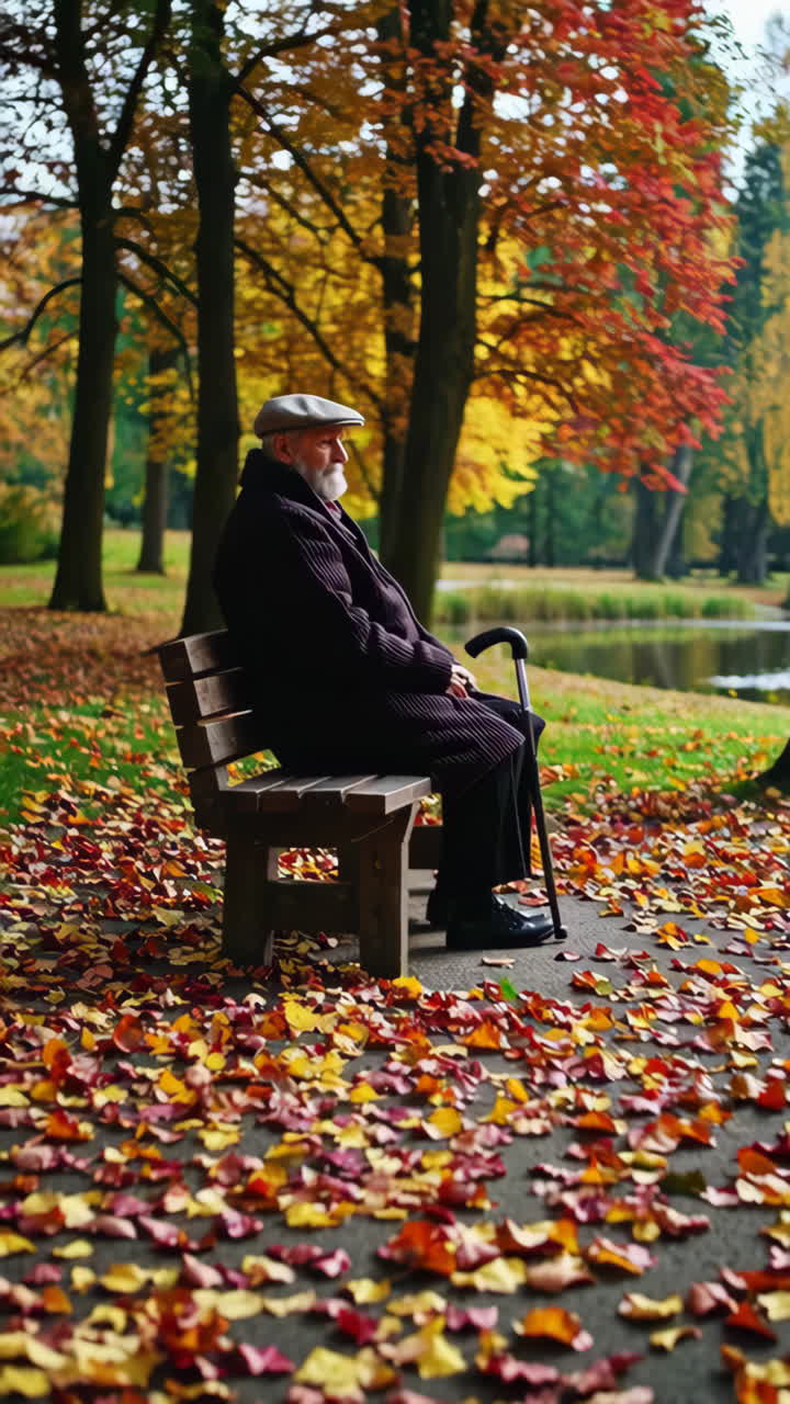 Elderly Man Sitting on a Park Bench in Autumn