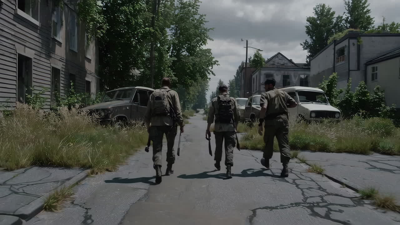 Soldiers Walking Down a Desolate Street