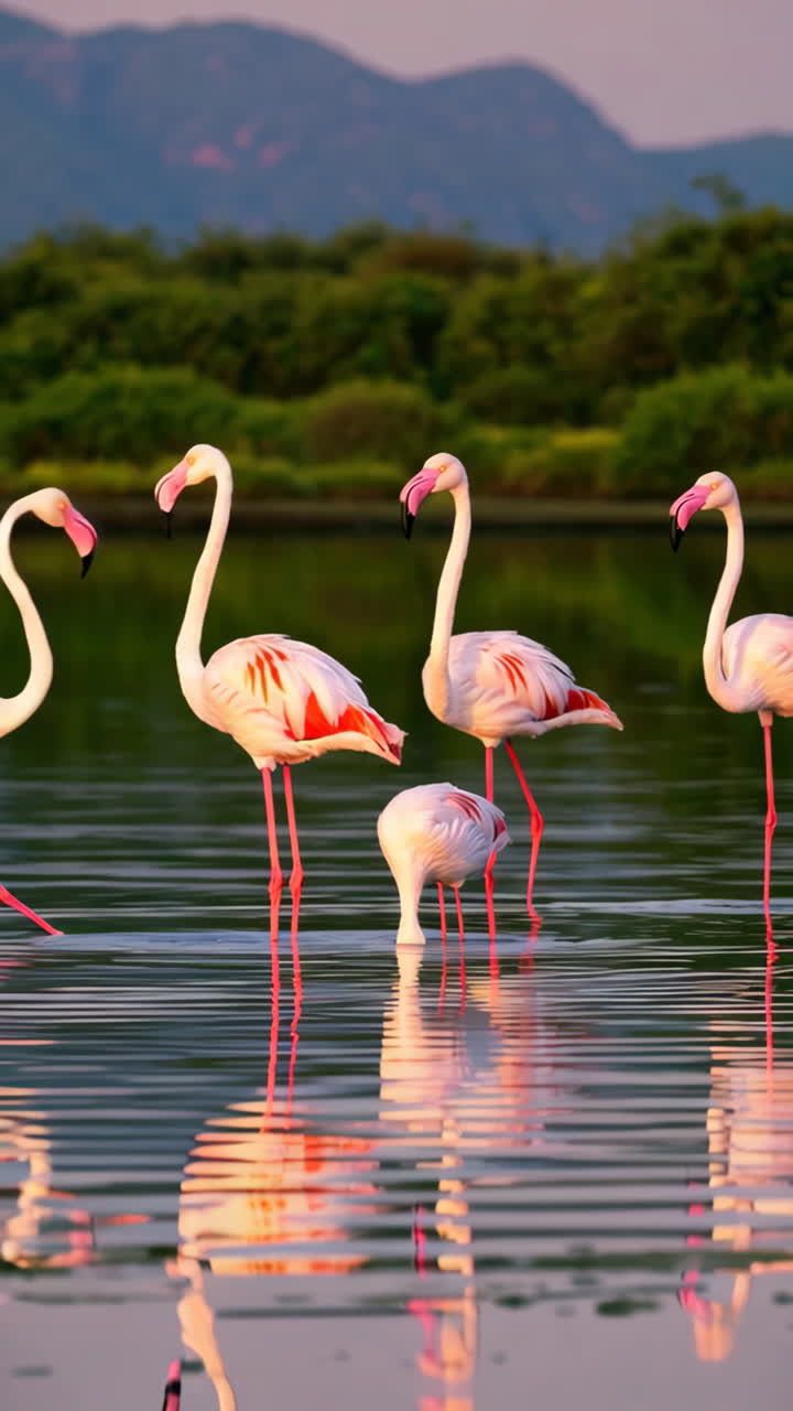 Flamingos Wading in Water at Golden Hour