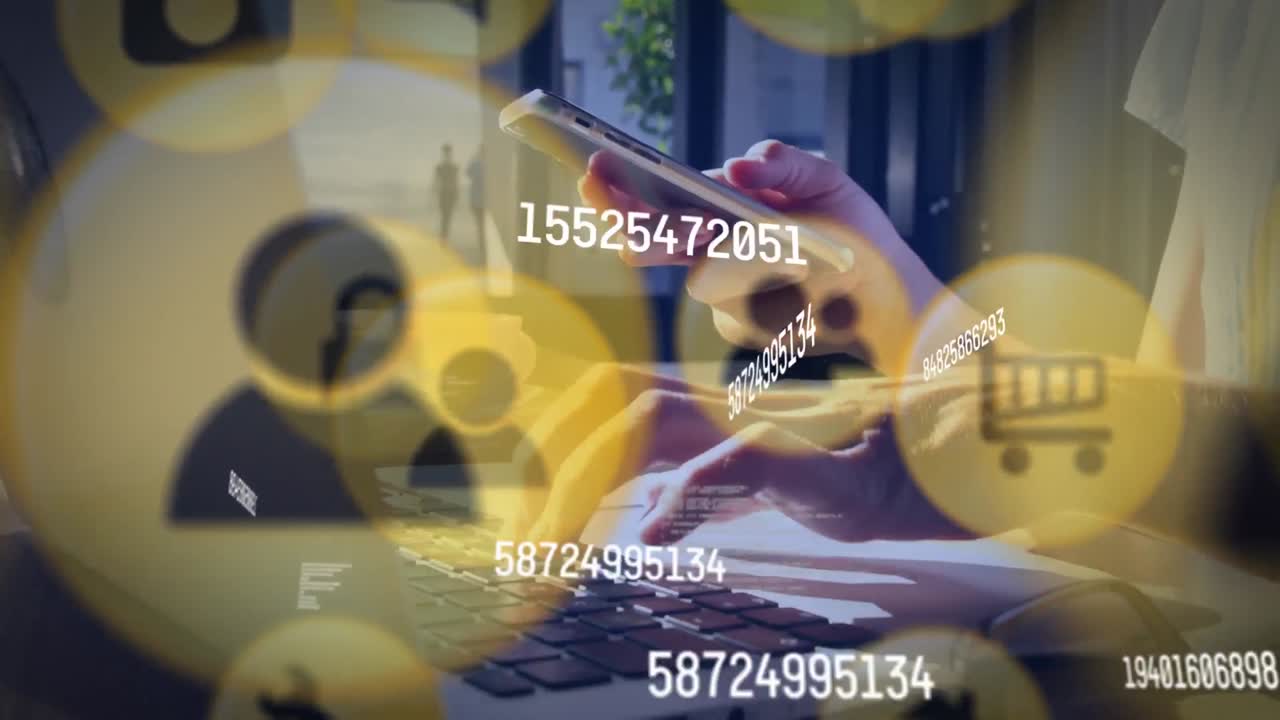 스마트 폰을 사용하는 백인 여성에 대한 과학 데이터 처리 및 디지털 아이콘의 애니메이션