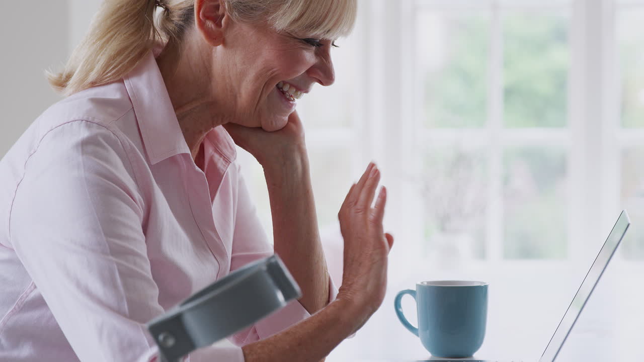 부 카운터 에 있는 노트북 에서 비디오 통화를 하는 집 에서 기둥 을 사용 하는 성숙 한 장애인 여자