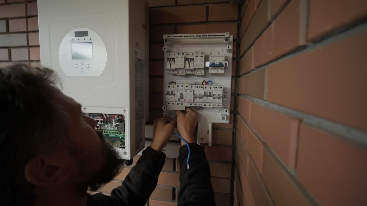 An electrician installing an inverter in a home. The image shows technical skill, modern tools, and attention to safety in electrical work