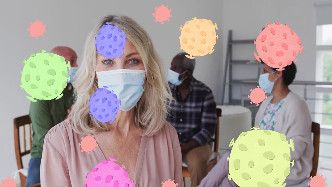 얼굴 마스크를 착용한 다양한 노인 그룹에 대한 바이러스 세포의 애니메이션