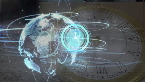 animation of globe over moving clocks and people walking on street