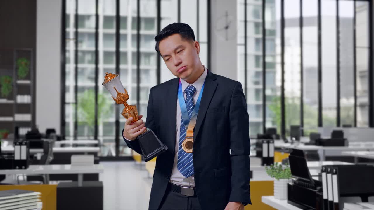 Businessman holding a trophy in an office