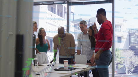 diverse team collaborating over financial data processing animation in modern office