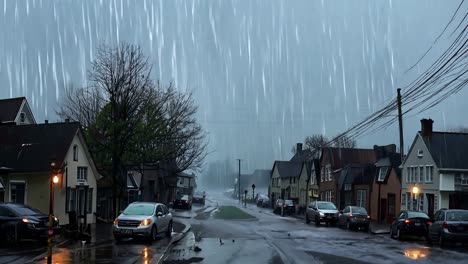 los rayos golpean durante una fuerte tormenta de lluvia en una pequeña ciudad