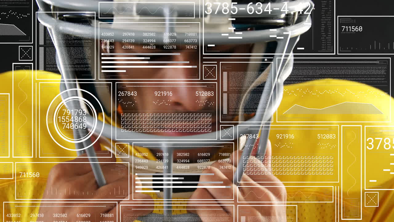 American football player adjusting helmet with data processing animation overlay