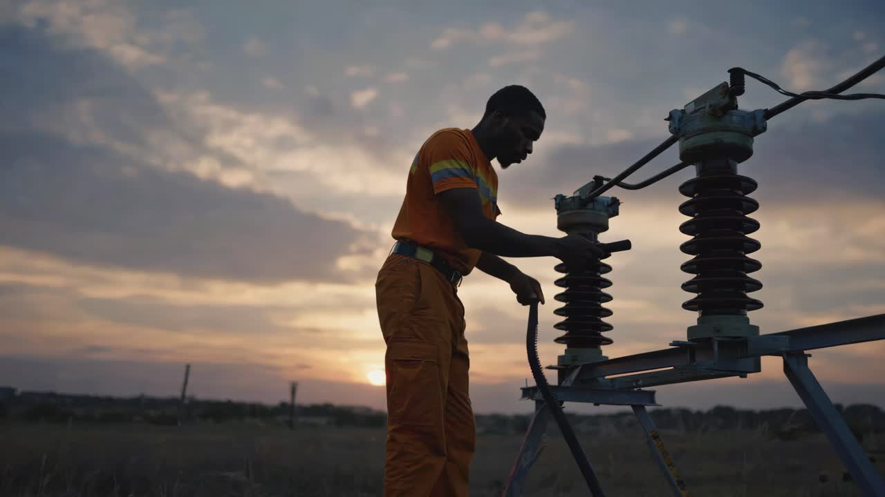 Electrician Working at Power Substation at Sunset