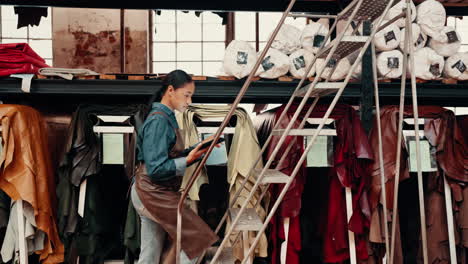 woman, factory and ladder to check shelf