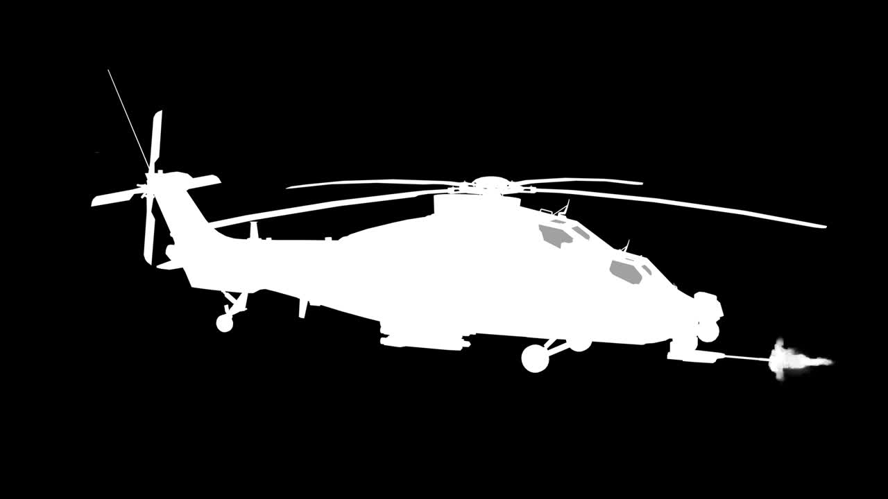 군용 헬리터가 녹색 스크린에서 비행하고 있습니다.