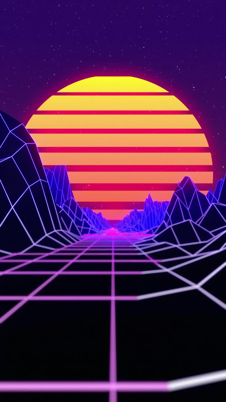 Paesaggio Synthwave retrò con griglia al neon e sole a strisce