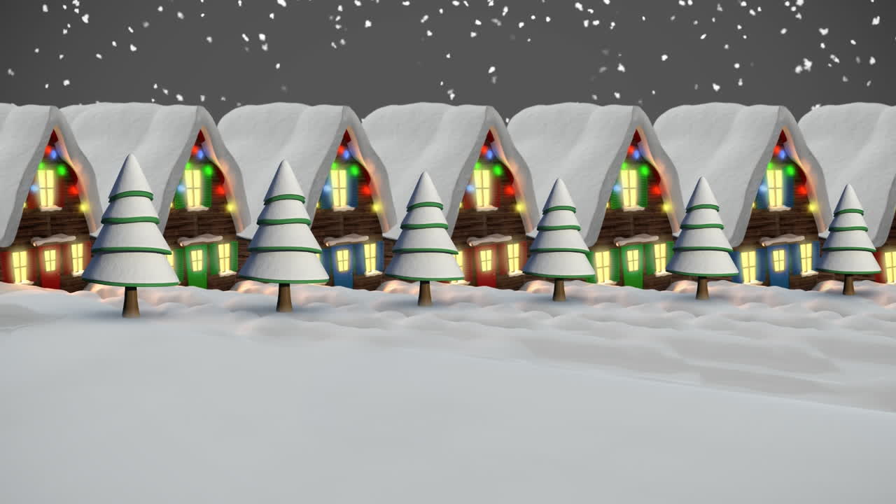 요정의 불빛으로 집 위에 내리는 눈의 애니메이션