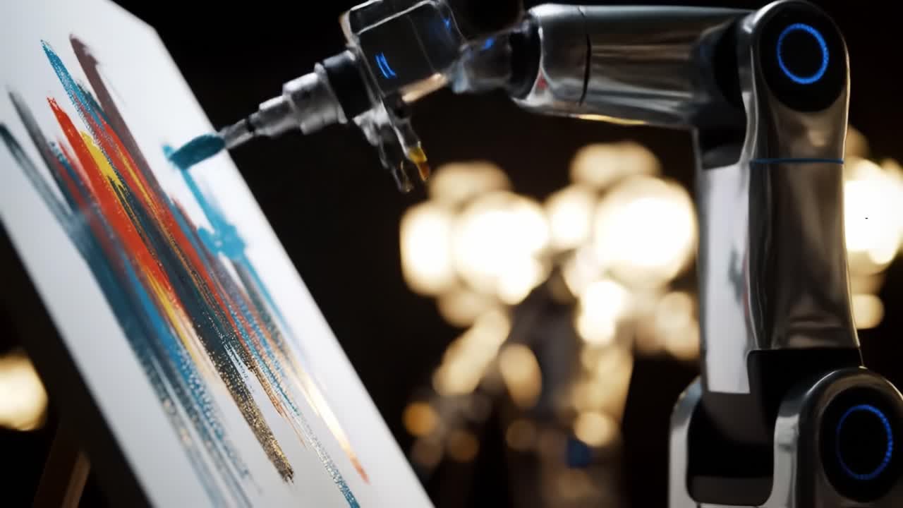 A Robotic Artist Creating a Colorful Masterpiece with Precision and Innovation in a Modern Art Studio Setting