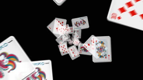 multiple playing cards spin and fall in three-dimensional space against a solid black background, captured with smooth, dynamic camera movement and realistic motion blur