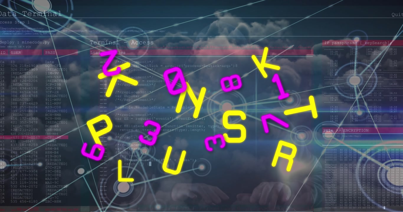 Animation of multiple numbers and alphabets over data processing against clouds in the sky