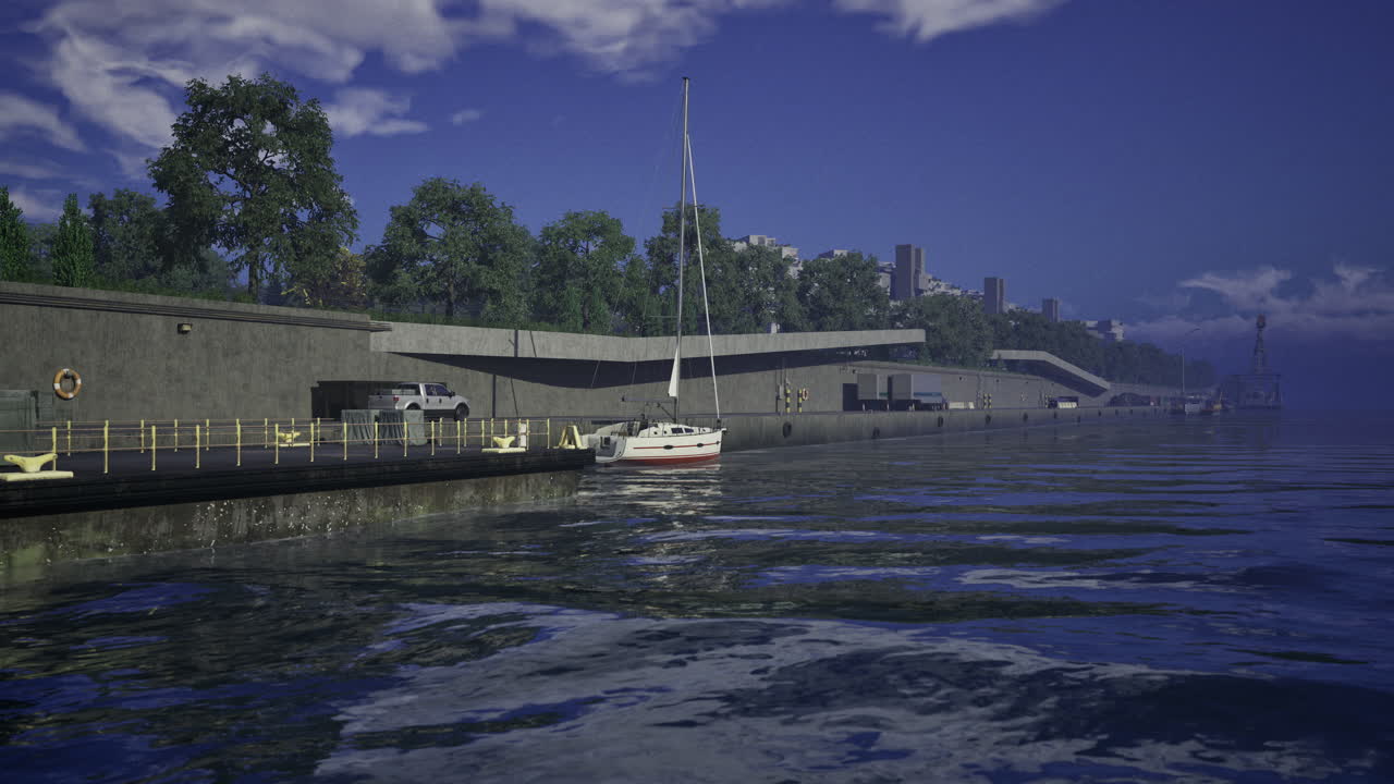 Sailboat docked at a quiet harbor during sunset near the city skyline