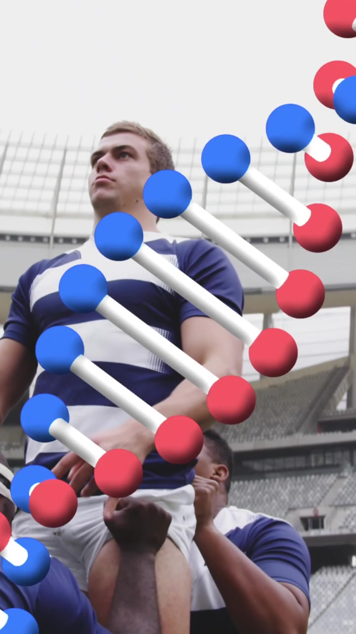 Animation af en DNA-streng over mandlige rugbyspillere på et stadion