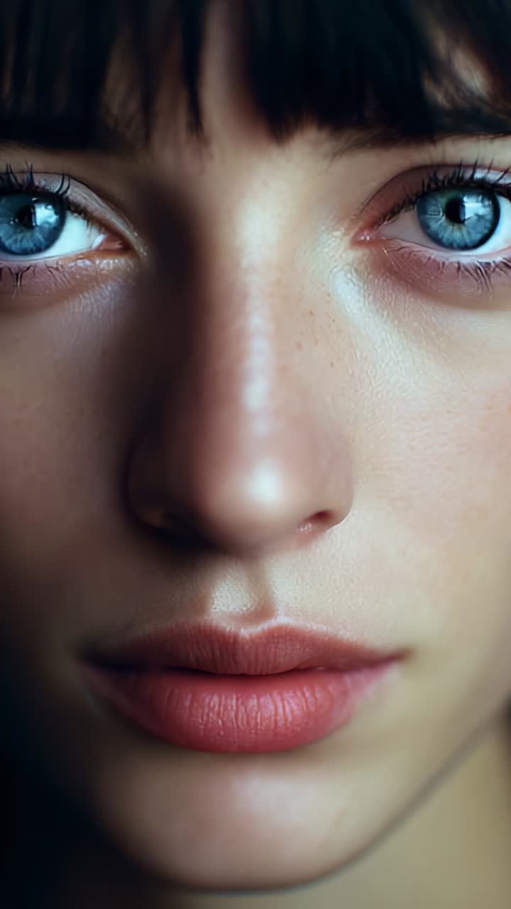 Close-Up Portrait of a Young Woman with Striking Blue Eyes and Smooth Skin Highlighting Natural Beauty and Intense Expression in a Contemporary Style