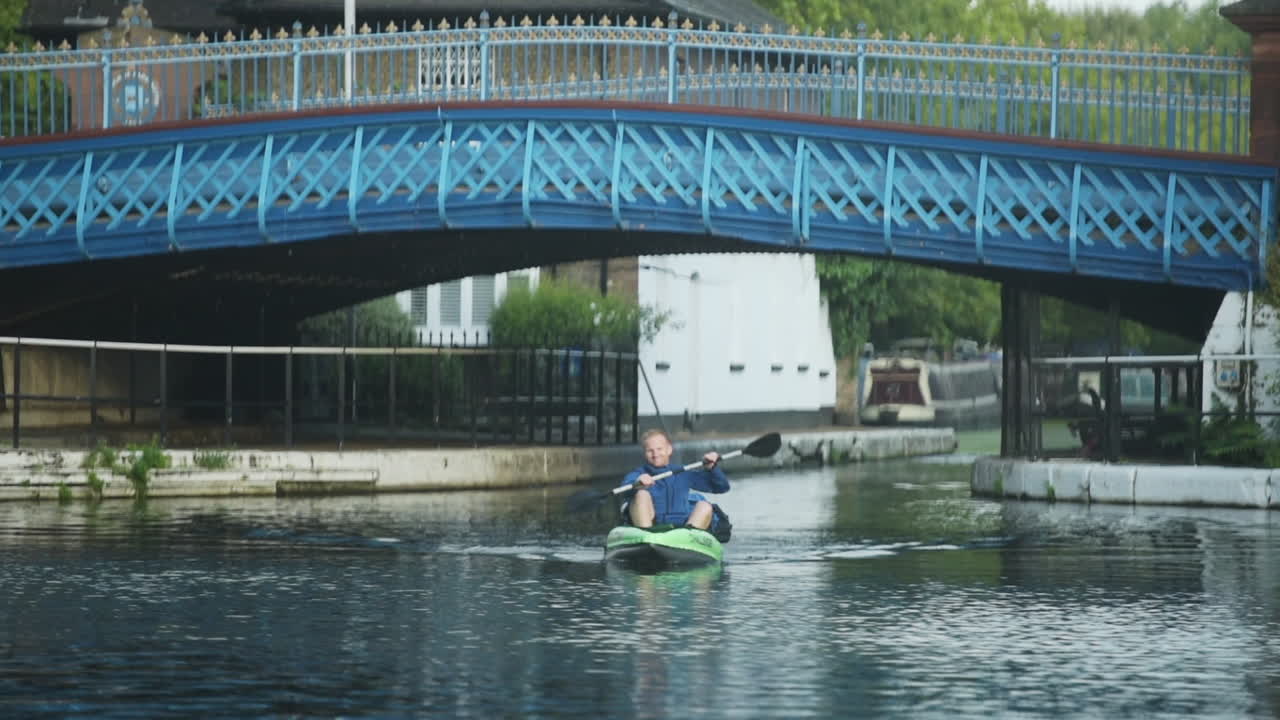 Man Having Fun Rowing Kayak on the Lake in London - Beautiful Tourist Destination - Wide Shot