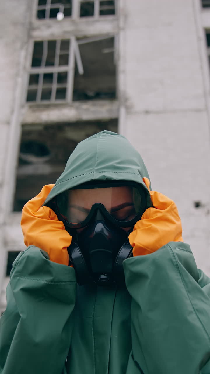 Man sitting on background of ruins. Stalker concept survivor after nuclear chemical war