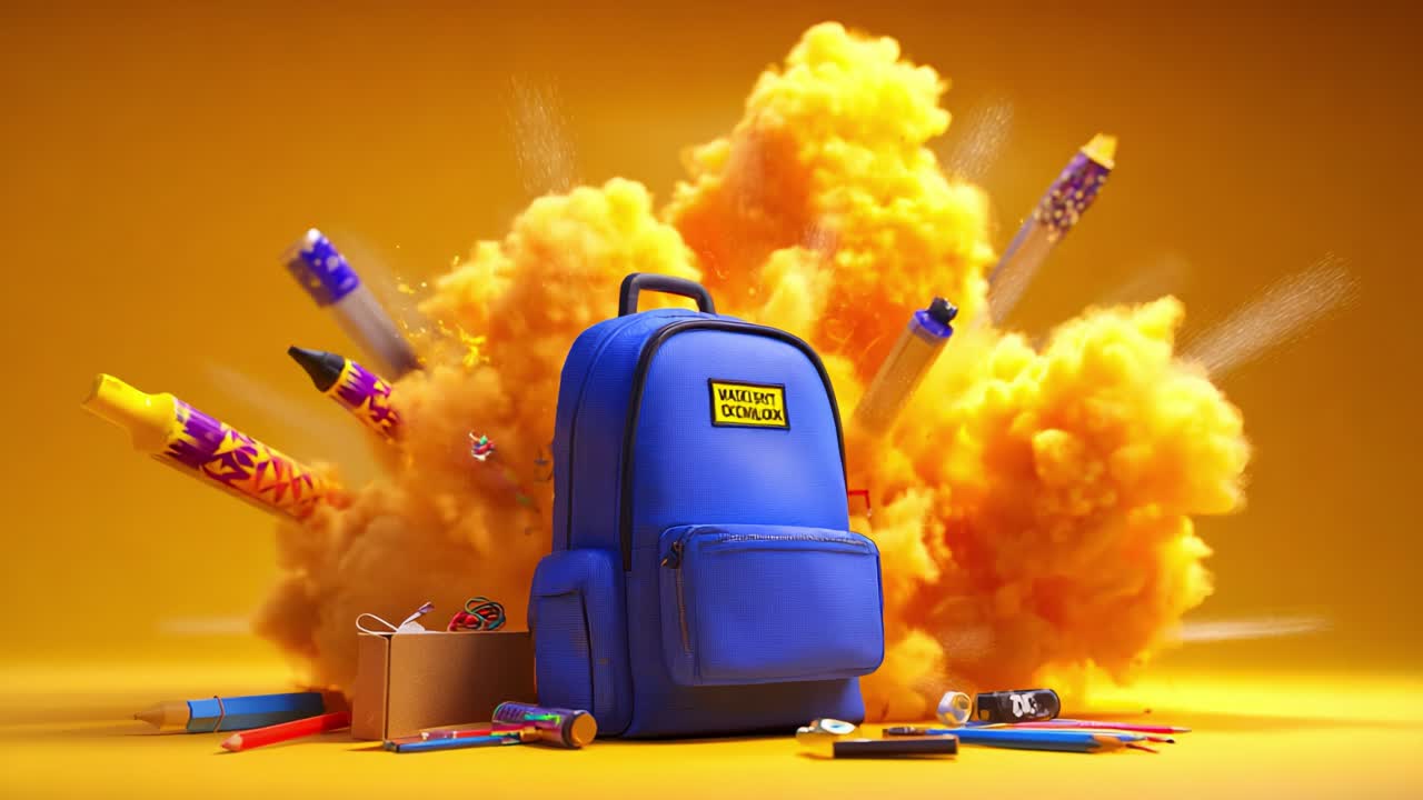 An Explosive Display of Creativity: A Vibrant Blue Backpack Surrounded by School Supplies Erupting from a Colorful Burst of Orange Smoke in an Imaginative Scene