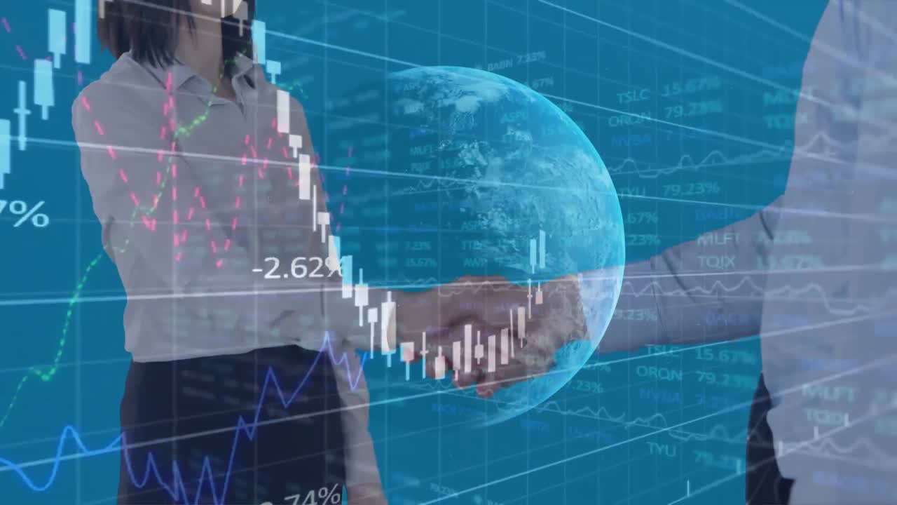 procesamiento de datos financieros en todo el mundo contra los empresarios que se dan la mano