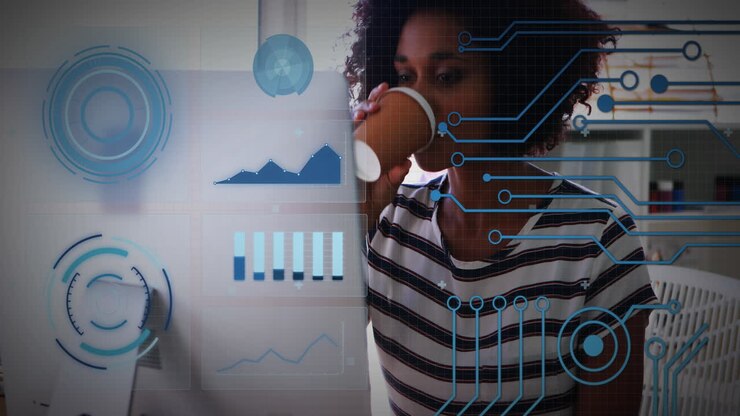 Animation of financial data processing over biracial businesswoman using laptop