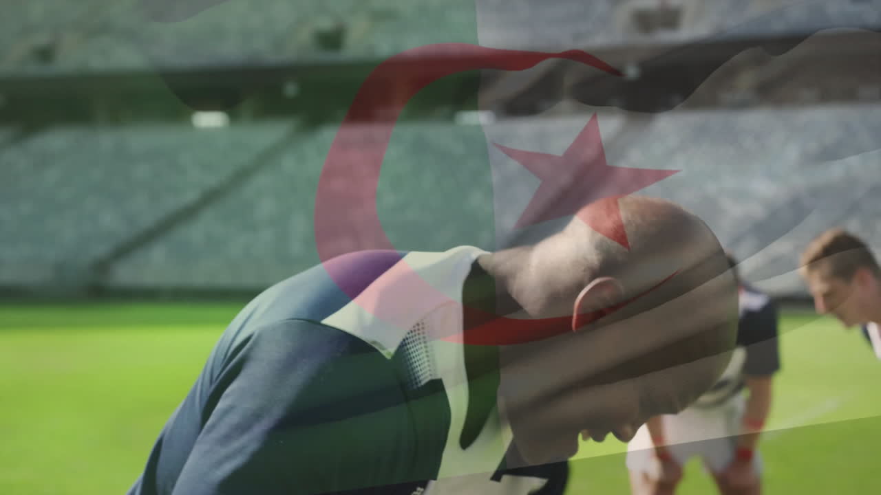 On field, rugby players preparing with animation of star and crescent overlay