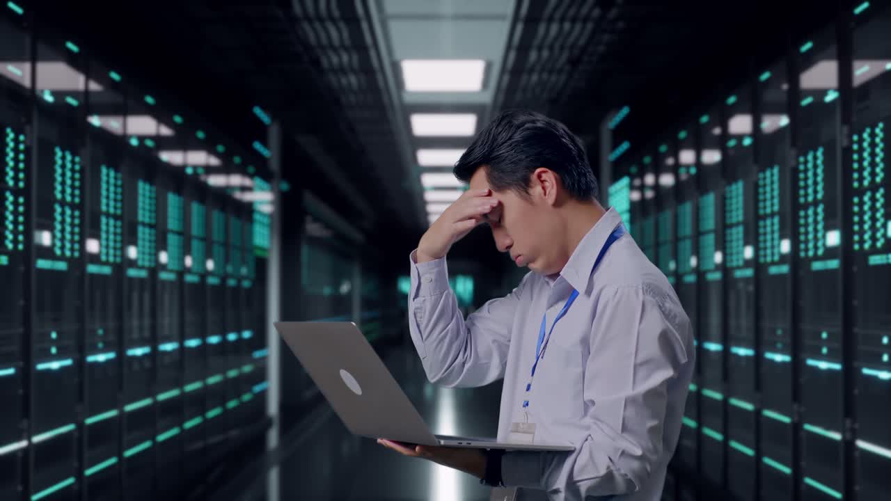 Side View Of An Asian Male Professional Worker Use Laptop in Server Room Data Center, He Is Nodding His Head With Dissapionted