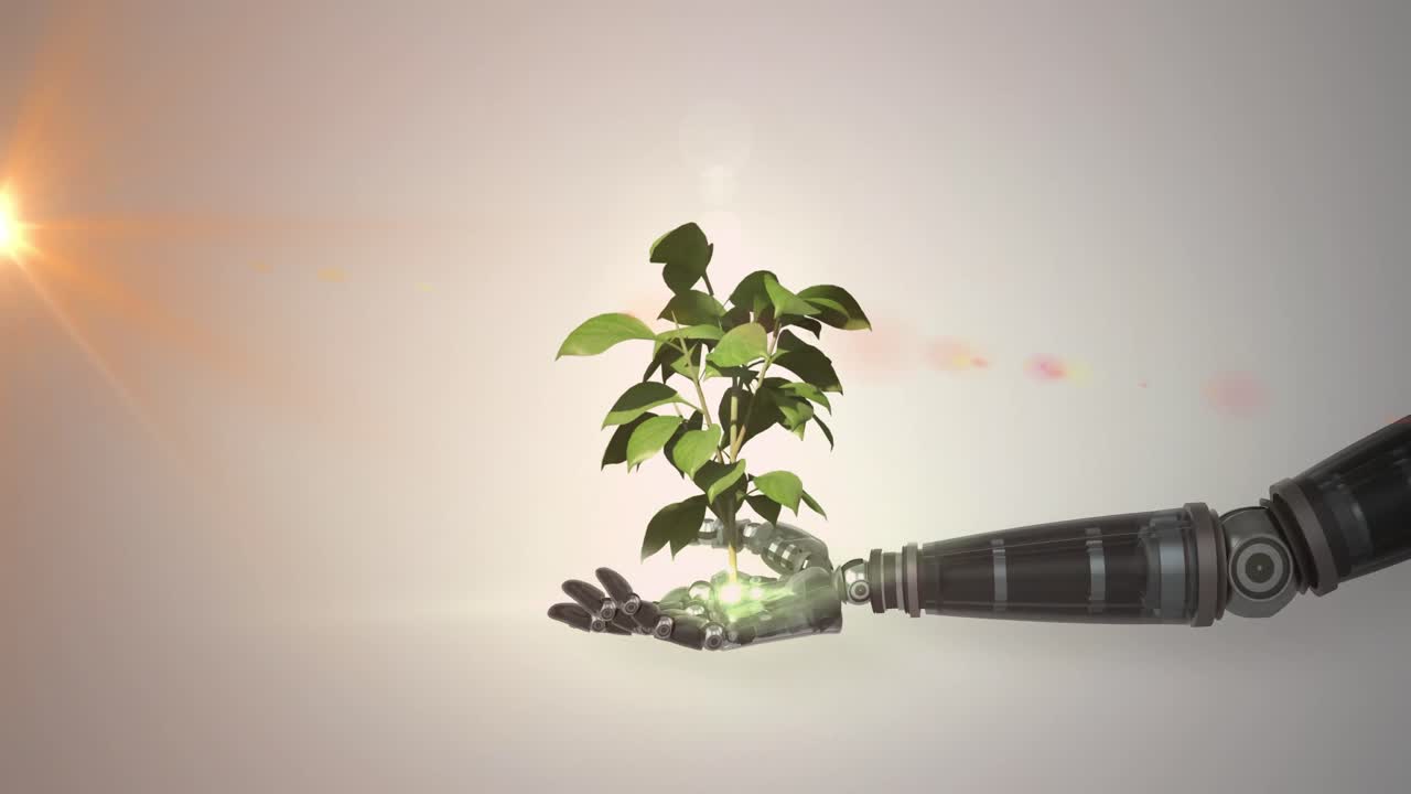animación de una planta en crecimiento en la mano del brazo del robot, con luz naranja en fondo gris
