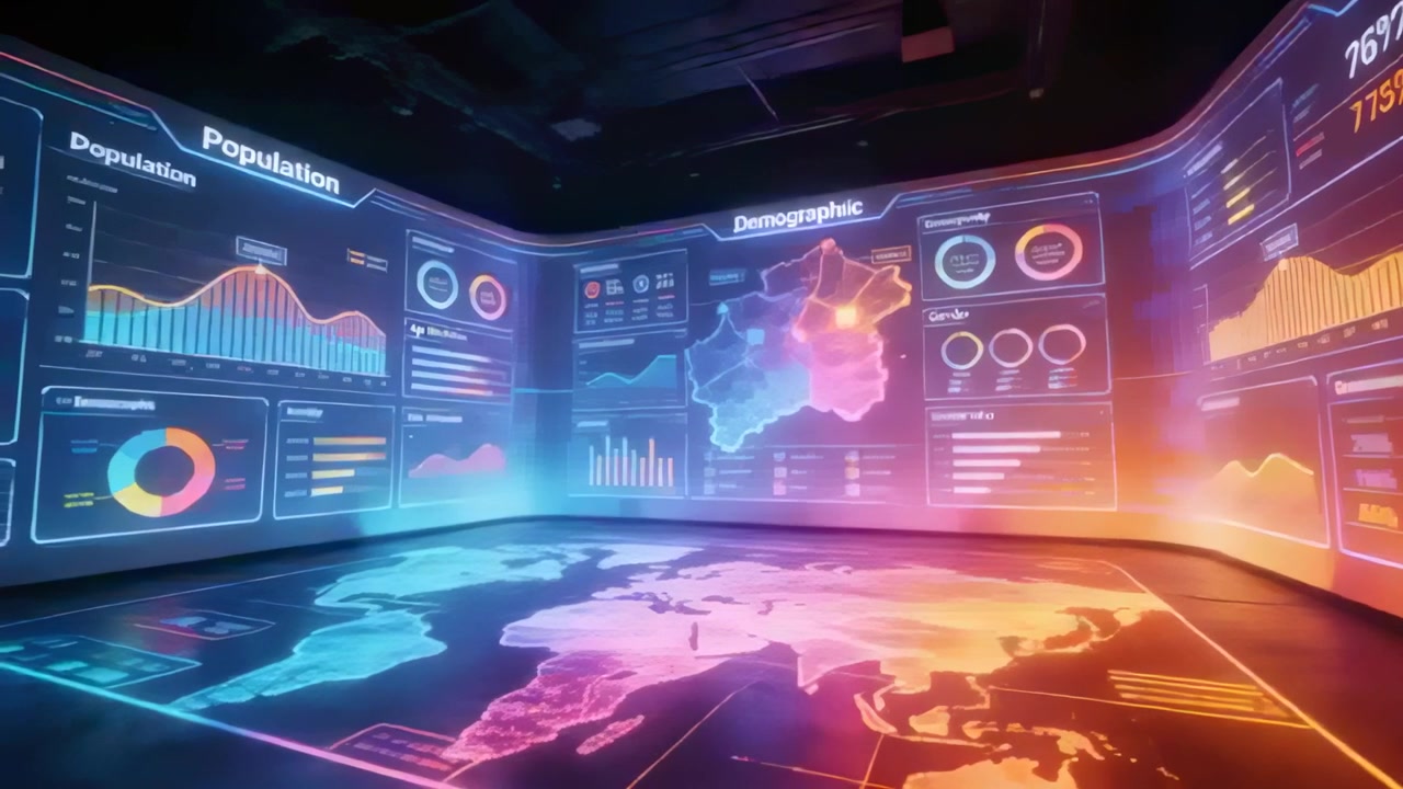 Animating curved screens, floor world map in data room, system pulse driving widgets and readouts
