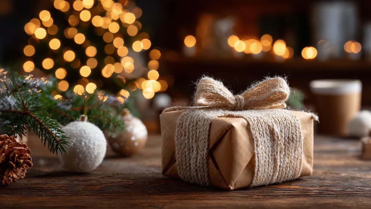 Un regalo confezionato a festa si prepara per la celebrazione tra luci natalizie scintillanti e decorazioni naturali, aggiungendo calore all'atmosfera accogliente